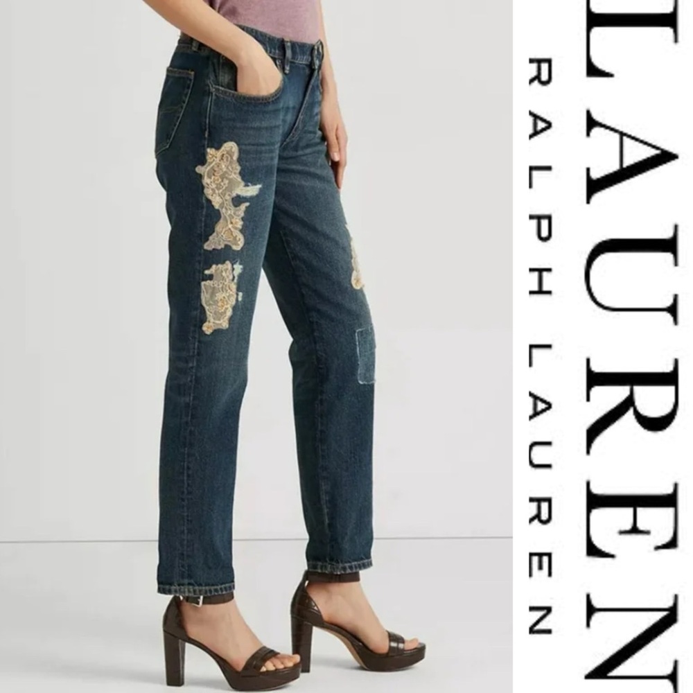 Lauren Ralph Lauren Lace Sequin Patchwork Tapered Jeans*NWT - Picture 4 of 12